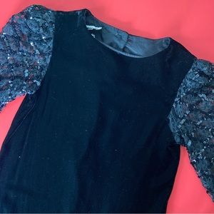 Vintage 70s Black Velvet Long Sheer Lace & Sequin Sleeve Button Back Dress